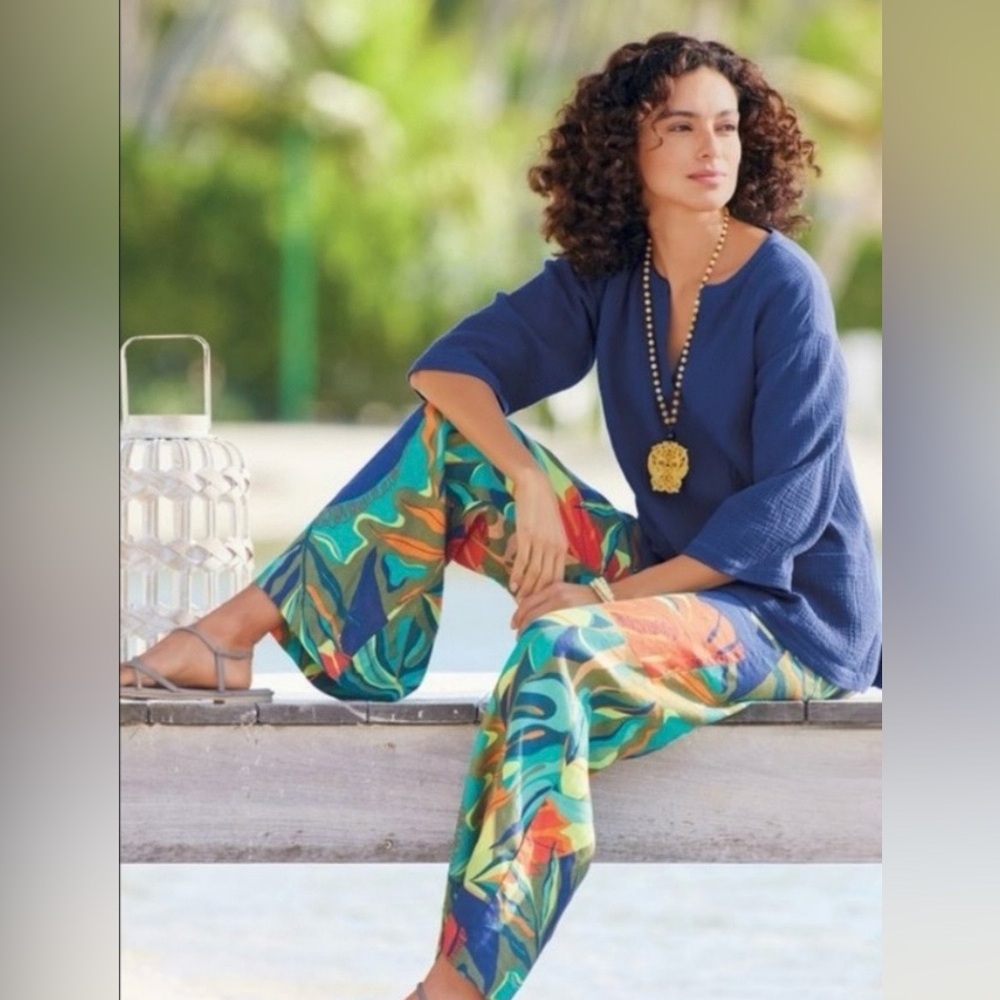 Soft Surroundings High Rise Wide Leg Tropical Floral Linen Elastic Waist Pant